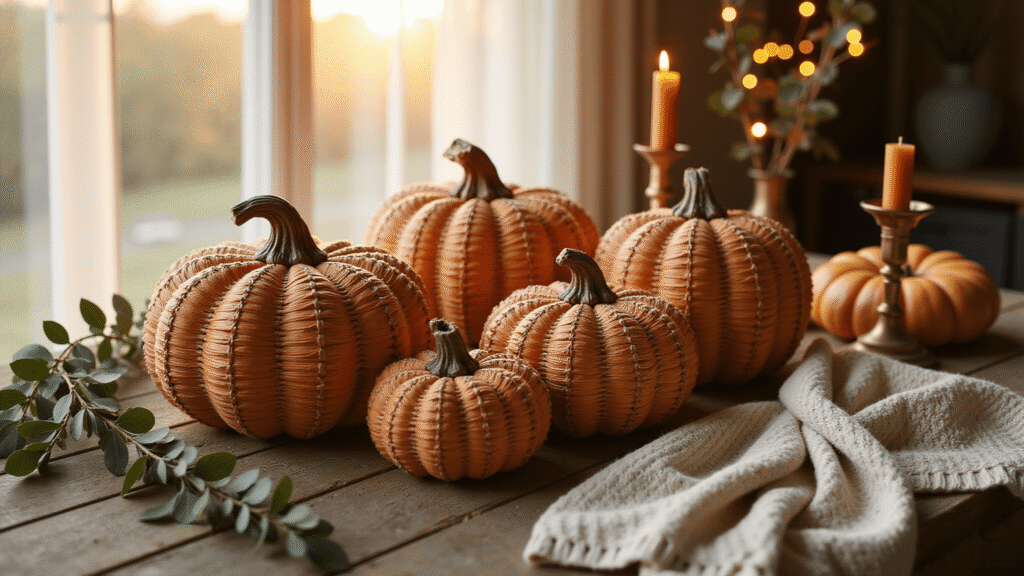 Wicker Pumpkins: The Ultimate Fall Decor Trend That Will Transform Your Home Cinematic close-up of handcrafted wicker pumpkins on a weathered wood surface, bathed in golden hour light and surrounded by dried eucalyptus, brass candlesticks, and fairy lights, evoking a cozy autumn farmhouse atmosphere.