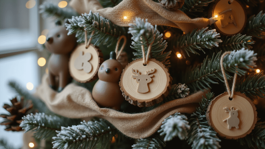 Crafting the Perfect Woodland Christmas Tree: A Nature-Inspired Festive Masterpiece Cinematic close-up of a flocked Christmas tree with wooden slice ornaments, ceramic animals, and warm white lights, creating a cozy winter forest atmosphere with rich earth tones and intricate textures.