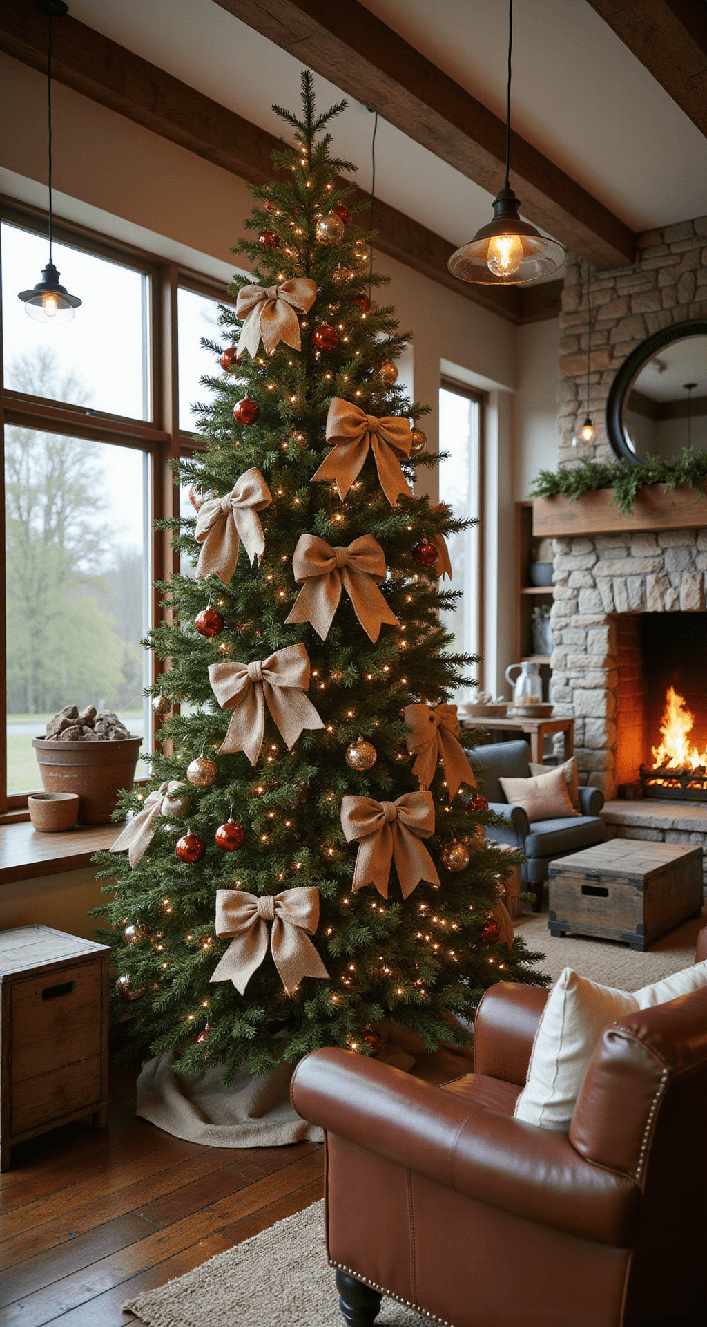 How to Add Bows to Your Christmas Tree Like a Pro Cinematic wide-angle shot of a rustic farmhouse great room at twilight, showcasing a decorated Noble fir tree with burlap bows and jute twine, warm pendant lighting illuminating reclaimed wood floors, a stone fireplace with crackling flames, and cozy decor including leather armchairs and vintage wooden crates, conveying a cozy and inviting atmosphere with warm colors.