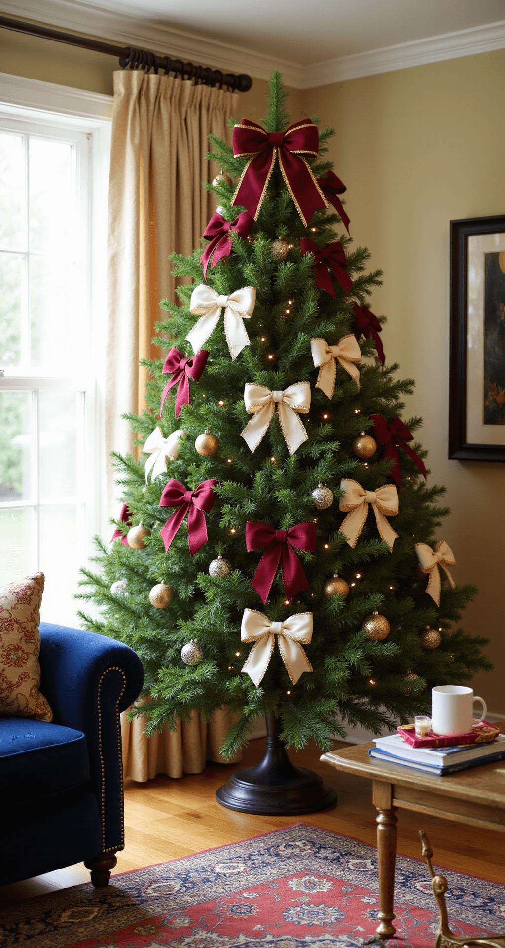 How to Add Bows to Your Christmas Tree Like a Pro An elegantly decorated family room featuring a beautifully adorned 8.5-foot Douglas fir with layered silk burgundy, gold wire-edged, and cream satin bows, all illuminated by natural daylight filtering through sheer curtains. The scene includes a navy velvet sofa, a brass coffee table, and rich-patterned oriental rugs, showcasing a warm, inviting atmosphere with emphasis on texture and color.