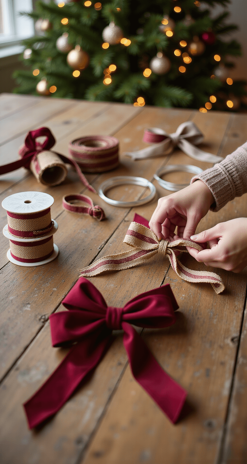 How to Add Bows to Your Christmas Tree Like a Pro A macro-style interior shot of a wooden farmhouse table showcasing a bow tying demonstration with various ribbon materials, including burgundy silk and wired Christmas ribbon. Golden hour lighting highlights the workspace, casting warm tones on the distressed oak surface. Hands are seen using the classic loop method, while a partially visible Christmas tree adorned with completed bows creates a festive background. The scene captures an instructional yet artistic atmosphere, with a shallow depth of field emphasizing the textures of the ribbons.