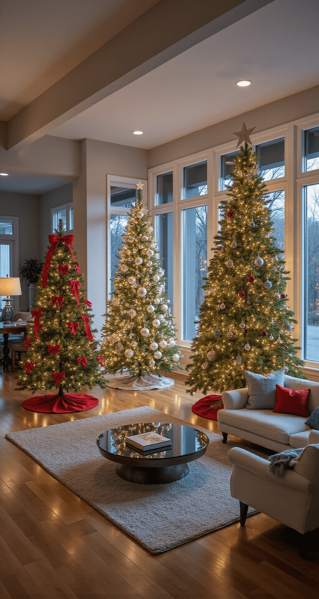 How to Add Bows to Your Christmas Tree Like a Pro A spacious open-concept living area during evening hours featuring multiple Christmas trees in various sizes and color schemes: a traditional red, green, and gold tree; a modern silver, white, and blue tree; and a glamorous metallic and jewel-tone tree. Recessed lighting and stylish table lamps create a warm ambiance over hardwood floors and contemporary furnishings, including a modern sectional sofa and glass coffee tables. The scene emphasizes color coordination and distinct bow styling, with a centrally positioned camera capturing the sophisticated and comparative atmosphere.