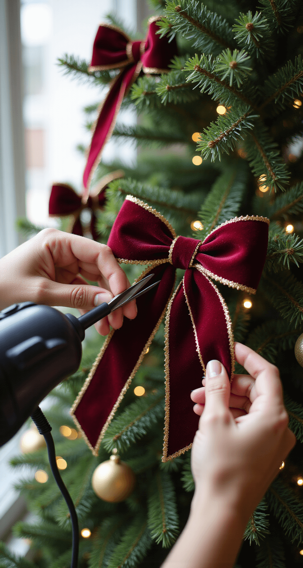 How to Add Bows to Your Christmas Tree Like a Pro Close-up shot of hands trimming burgundy velvet ribbon on a Christmas tree bow with small scissors in soft morning light, featuring blurred twinkling lights and ornaments in the background.