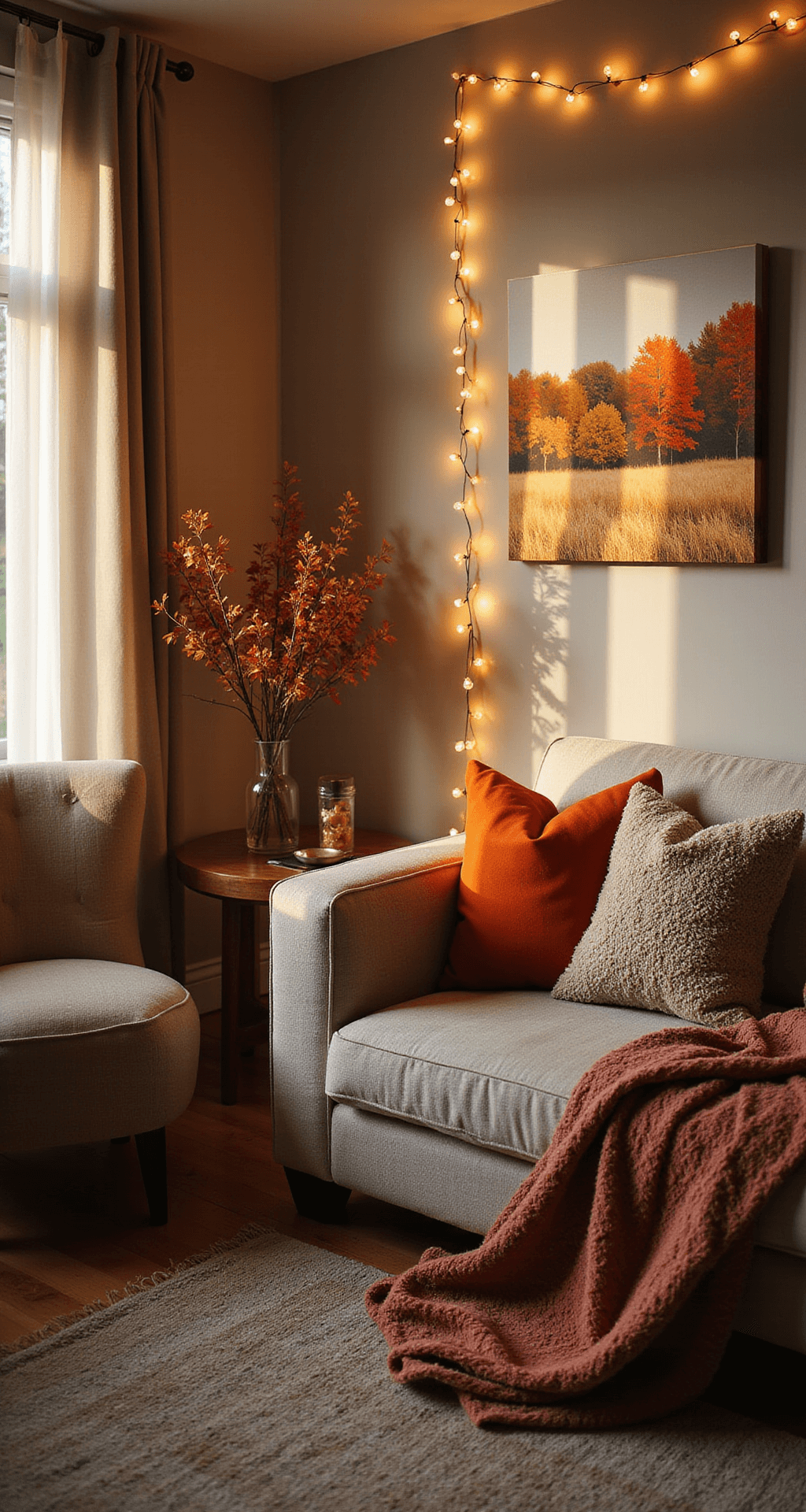 Transforming Your Apartment into a Cozy Fall Haven Cozy apartment living room illuminated by warm golden afternoon light, featuring a contemporary sofa adorned with layered autumn textured throws, a reading nook with a plush chair, seasonal fall landscape artwork on the gallery wall, and warm neutral decor with deep orange and red accents, all set on hardwood floors with an area rug and soft string lights for ambient warmth.