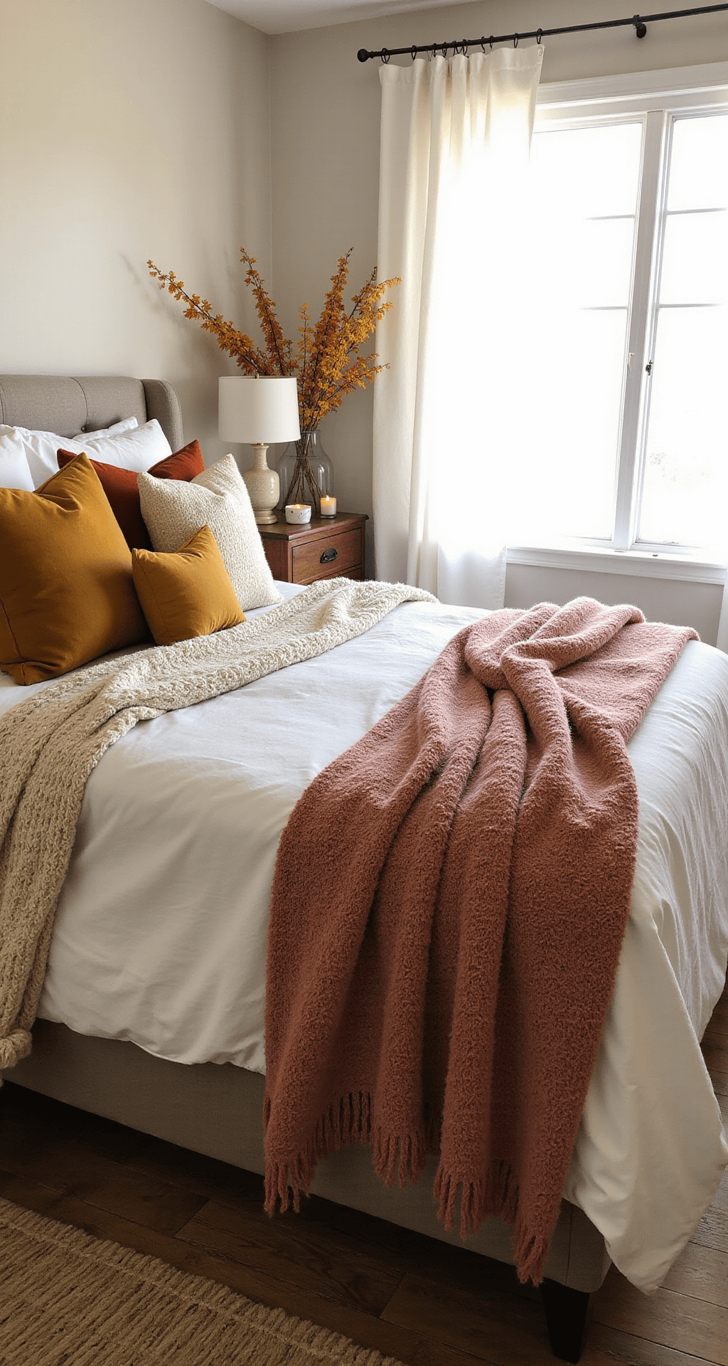 Transforming Your Apartment into a Cozy Fall Haven A serene bedroom with soft morning light, featuring crisp white bedding with autumn-toned pillows, warm textures like knit throws and velvet accents, and seasonal decor of small pumpkins and candles on the bedside. The wooden floors are complemented by a cozy area rug, captured from the foot of the bed to highlight layered textiles and styling.