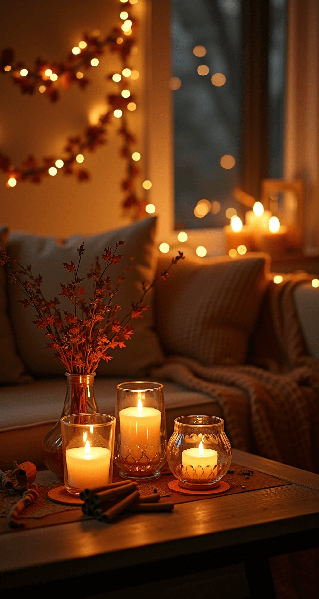 Transforming Your Apartment into a Cozy Fall Haven Intimate living room with warm candlelight, soft string lights, and scented candles in glass holders, featuring cozy seating with textured throws, cinnamon stick arrangements, and DIY leaf garlands, all in a rich autumn color palette with metallic accents, captured from a low angle to emphasize the warm ambiance.