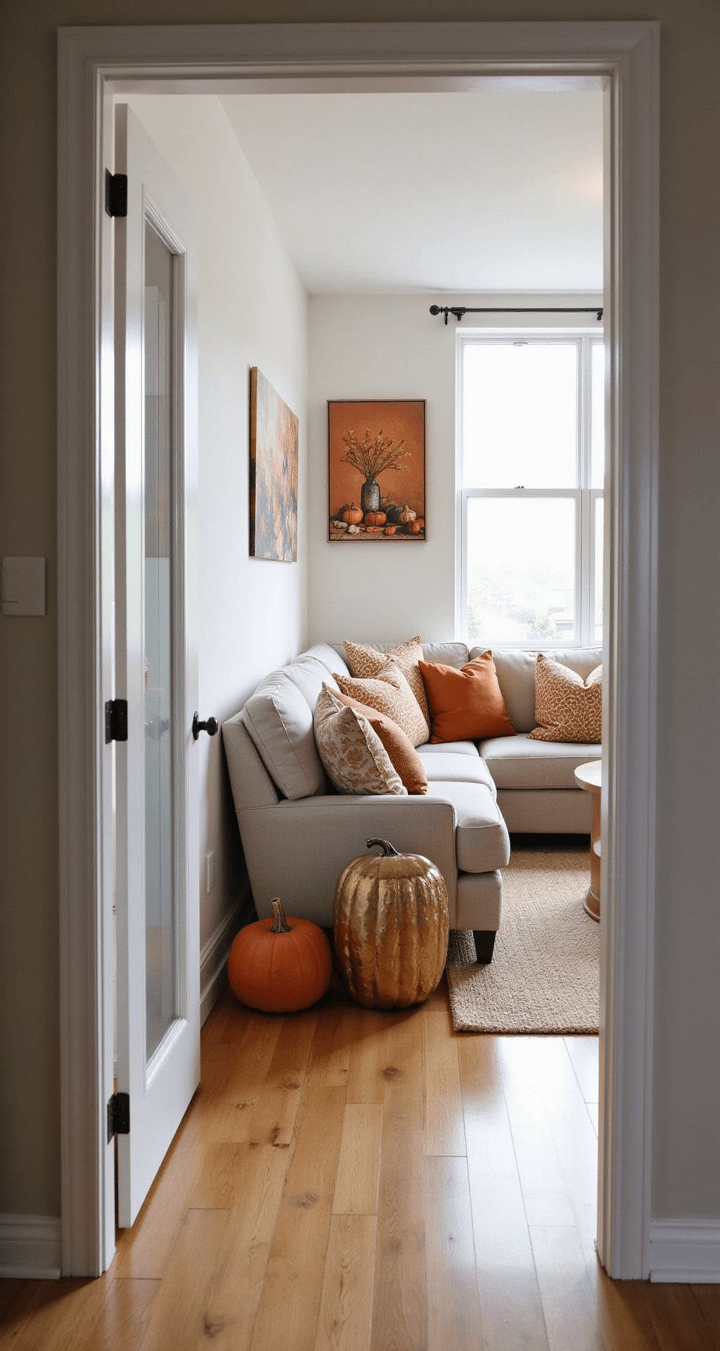 Transforming Your Apartment into a Cozy Fall Haven Bright studio apartment with autumn decor featuring a large metallic pumpkin, coordinated throw pillows, and a single dramatic fall artwork. The space utilizes a warm neutral and burnt orange color palette, showcasing multi-functional furniture in a clean, uncluttered aesthetic. Hardwood floors reflect natural light, captured in a wide-angle shot from the entrance.