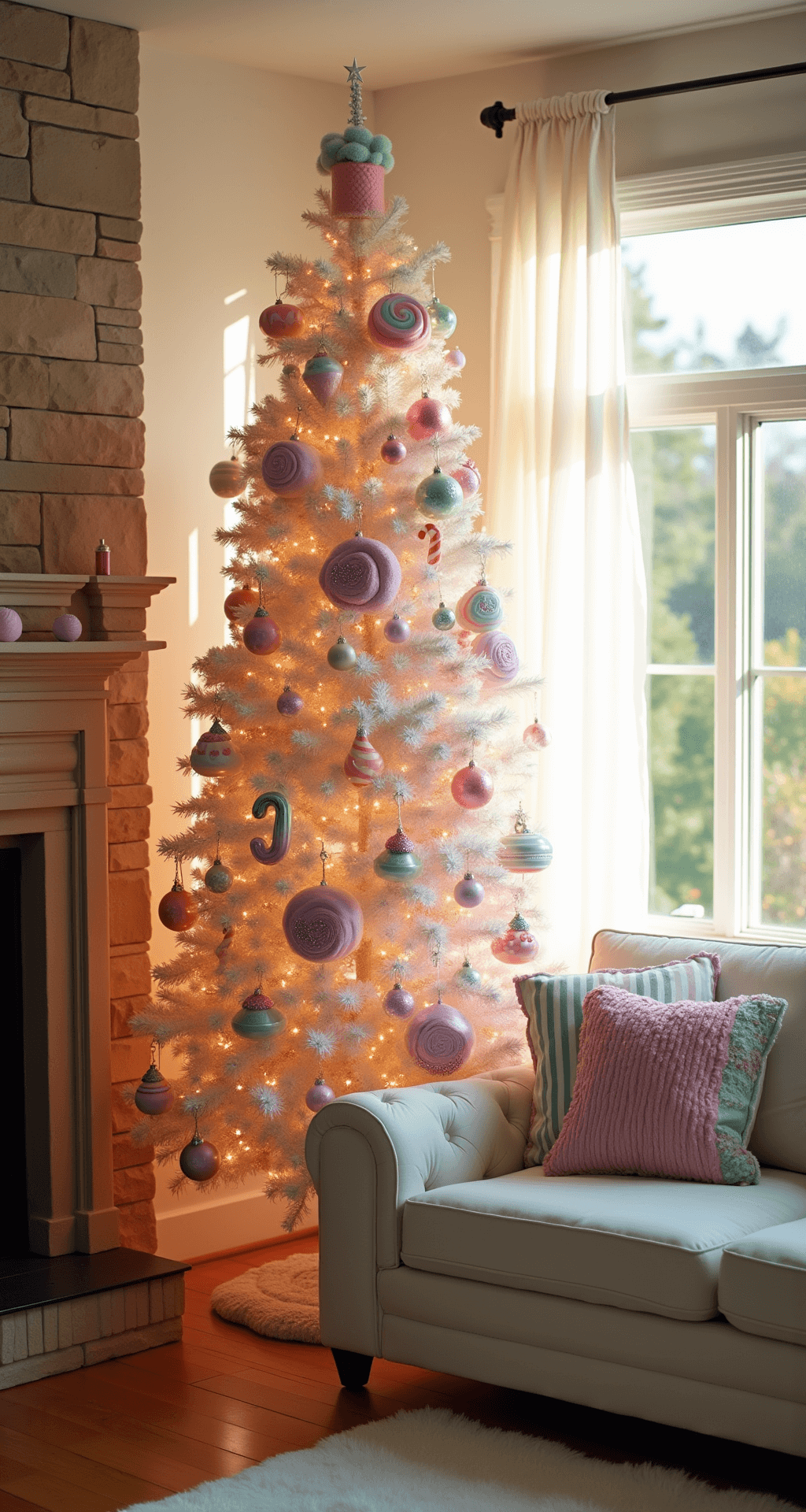 A Sweet Wonderland: Creating Your Perfect Candyland Christmas Tree Cozy living room during golden hour, featuring a decorated Christmas tree with pastel ornaments beside a stone fireplace, warm string lights, oversized lollipops, and a plush cream sofa with pastel pillows on hardwood floors.