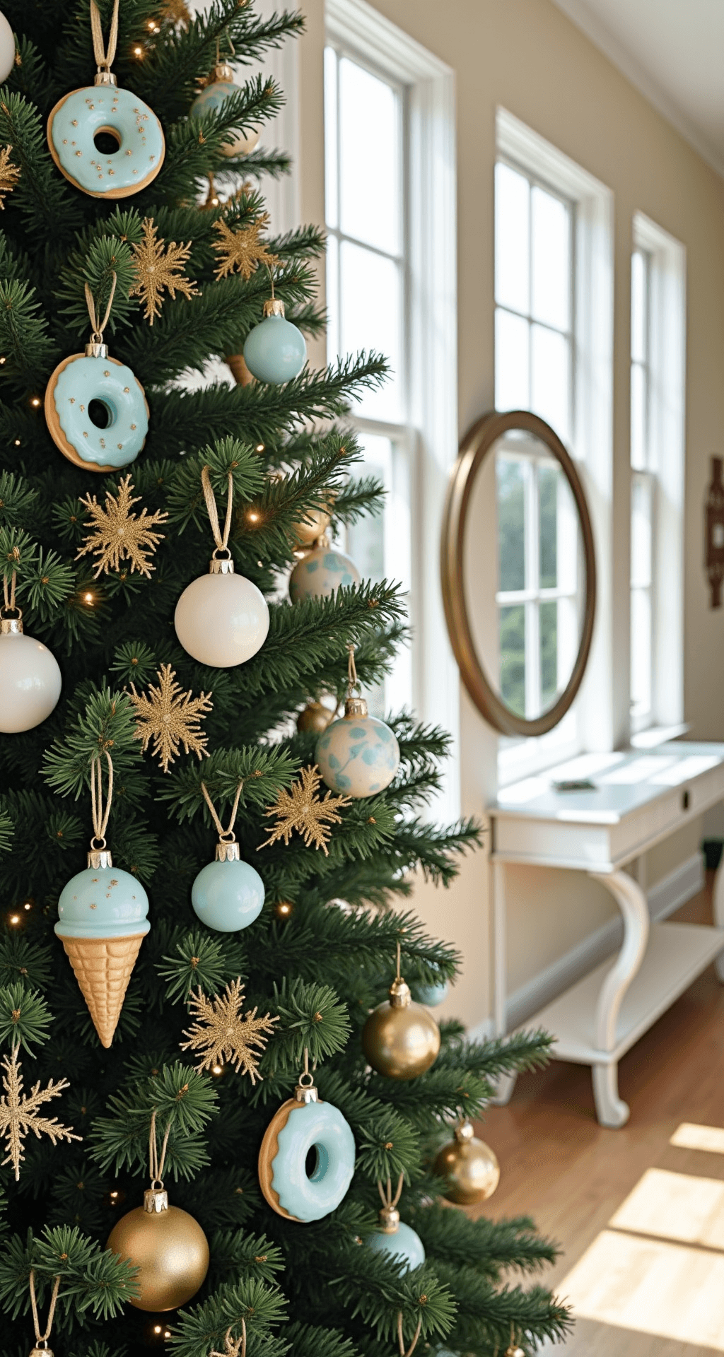 A Sweet Wonderland: Creating Your Perfect Candyland Christmas Tree Medium shot of an elegant entryway featuring a fresh green Christmas tree decorated with pastel candy-themed ornaments, including donut and ice cream cone designs. Morning light streams through tall windows, illuminating a white marble console table below a brass mirror. The hardwood floors and cream walls add warmth to the scene, while subtle shadows enhance the ambiance.