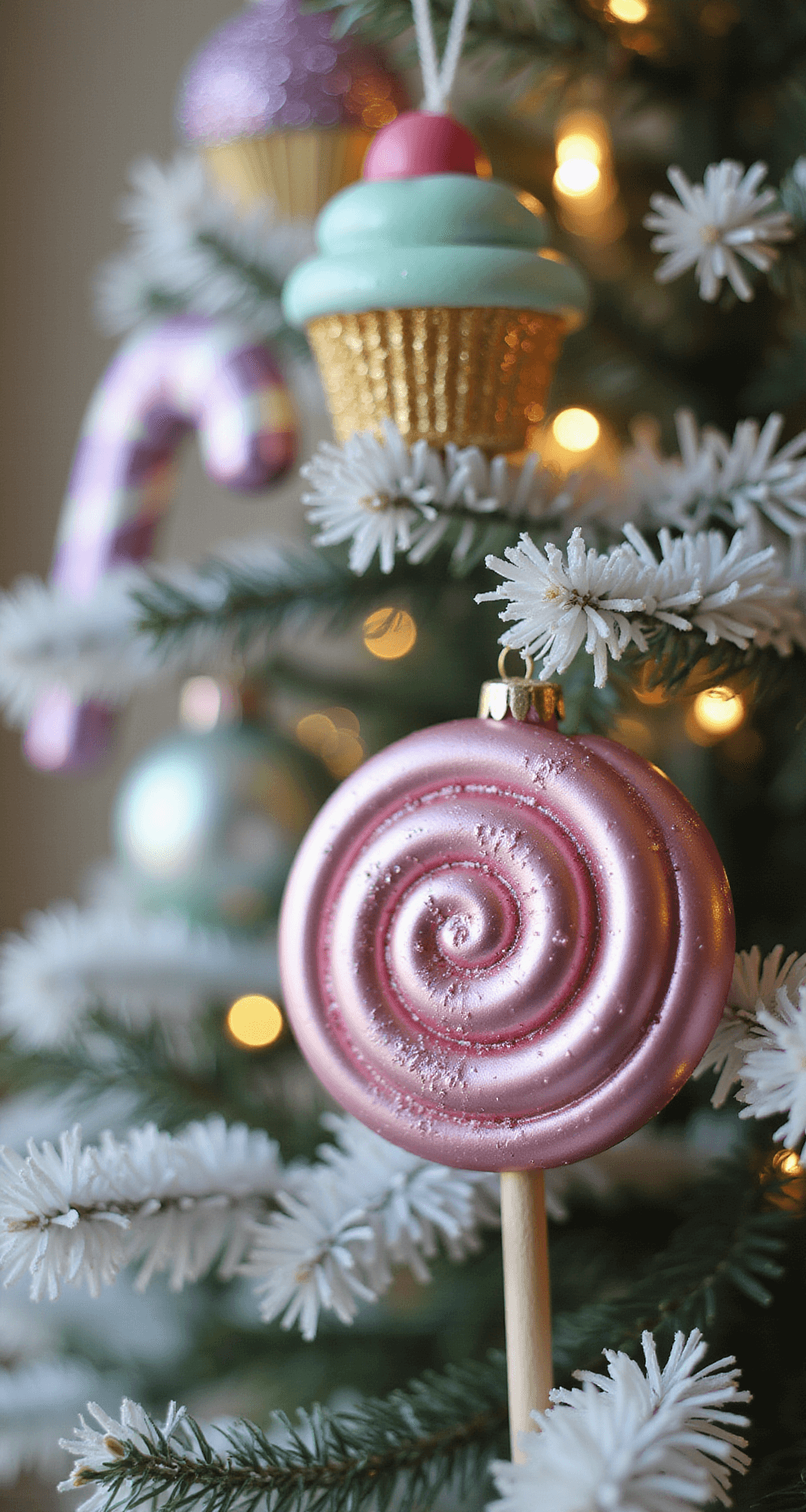 A Sweet Wonderland: Creating Your Perfect Candyland Christmas Tree Close-up detail of a decorated Christmas tree section featuring oversized pink lollipop ornament, mint green cupcake decoration, and lavender glittery candy cane. Soft afternoon light creates a dreamy atmosphere with warm white bokeh in the background, while white flocked branches and striped ribbon add texture.