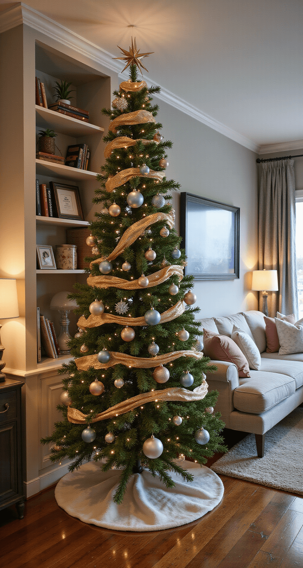 A Sweet Wonderland: Creating Your Perfect Candyland Christmas Tree A cozy living room at twilight featuring a large green Christmas tree adorned with bubble gum pink, baby blue, and soft white ornaments, complemented by candy cane striped and metallic gold ribbons. The space includes a plush sectional sofa and a coffee table set for hot cocoa, with warm ambient lighting from table lamps, hardwood floors, and neutral walls, creating a festive yet sophisticated atmosphere.