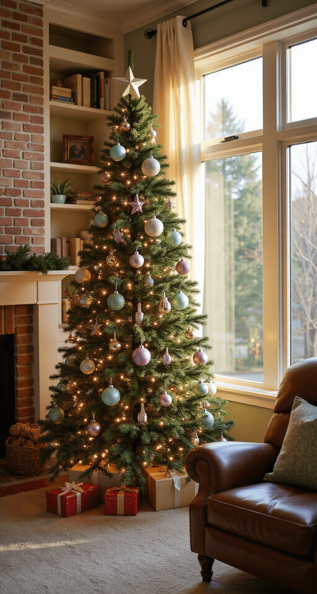 A Sweet Wonderland: Creating Your Perfect Candyland Christmas Tree A family room adorned with an 8ft Christmas tree decorated with candy-themed ornaments, illuminated by golden hour light streaming through picture windows. The cream brick fireplace serves as a backdrop, with built-in shelves displaying holiday books. A plush area rug and leather armchair complete the cozy setting, highlighting the textures and colors of the ornaments.