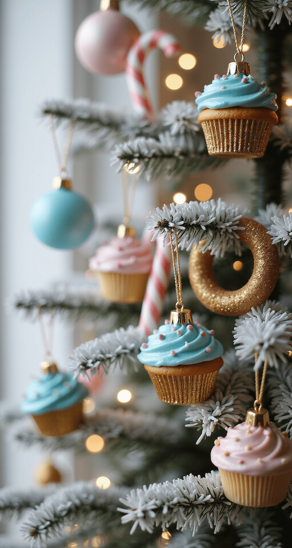 A Sweet Wonderland: Creating Your Perfect Candyland Christmas Tree Detail macro shot of a festive arrangement of baby blue and pink cupcake ornaments, a gold glittery donut decoration, and white candy cane picks, illuminated by soft morning light with a warm bokeh of white lights in the background, showcasing a white flocked branch texture and metallic ribbon catching the light.