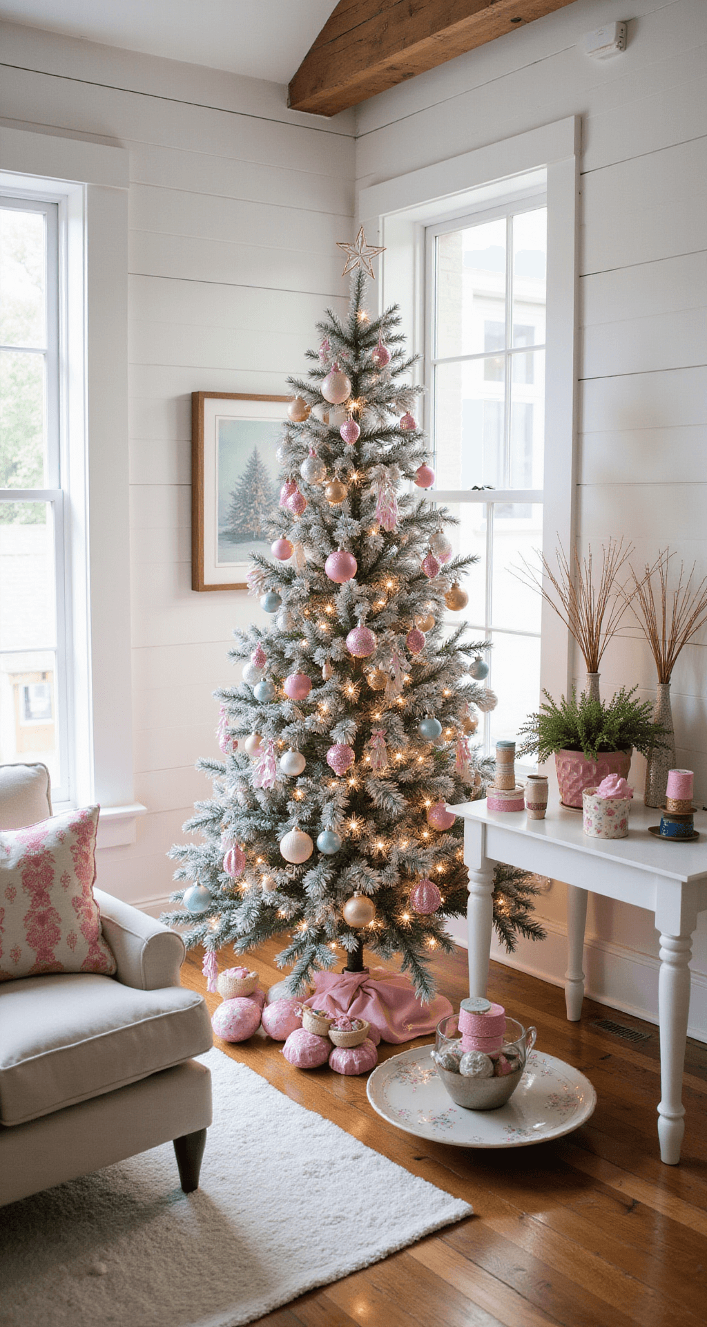 A Sweet Wonderland: Creating Your Perfect Candyland Christmas Tree Spacious living area bathed in afternoon light, featuring a pastel decorated Christmas tree styling station with a nearby console of ornaments and ribbon. The candy wonderland theme showcases colorful lollipops, cupcakes, and ice cream cones, set against a modern farmhouse interior with shiplap walls and exposed beams, capturing an authentic holiday decorating moment.
