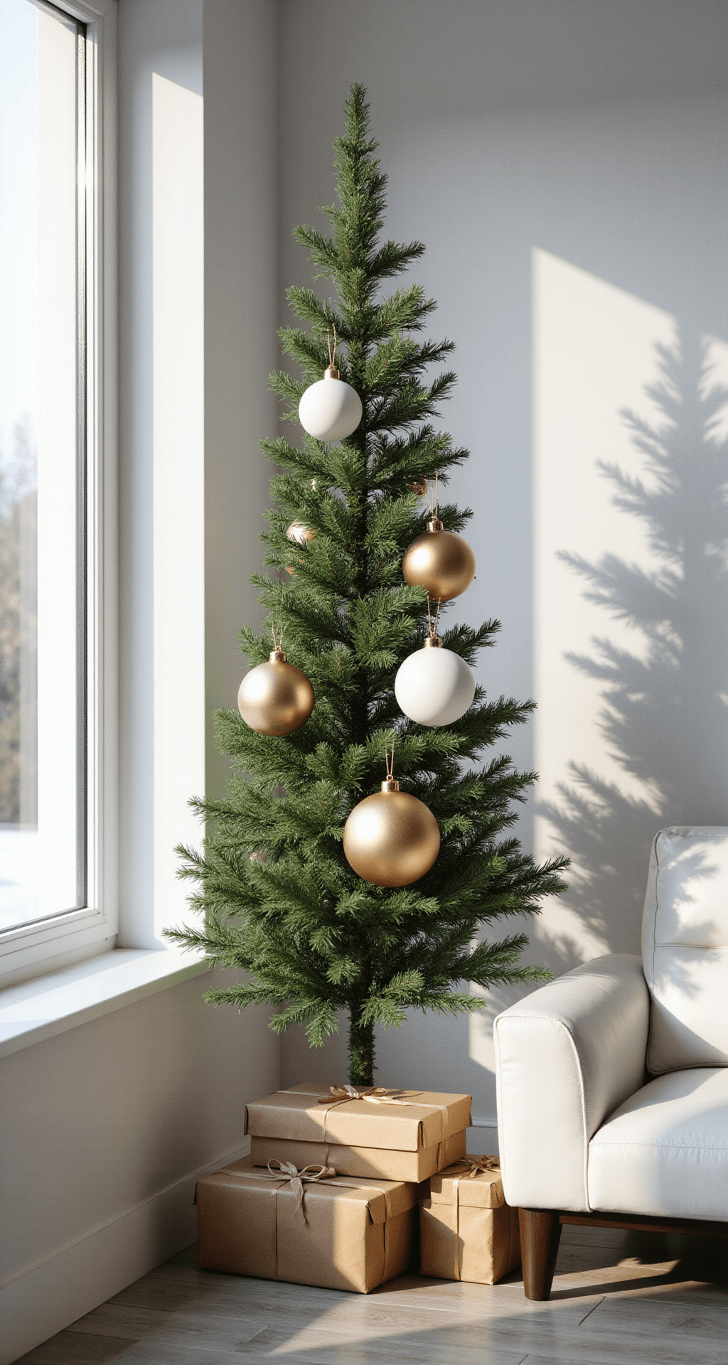 Christmas Tree Decoration Ideas That'll Make Your Tree Actually Look Intentional (Not Like You Threw Ornaments at It) Ultra-detailed modern minimalist Christmas tree in a contemporary living room with clean white walls and large windows, featuring a slim artificial tree decorated with five oversized metallic gold and matte white ornaments, surrounded by kraft paper wrapped presents, a low-profile white leather sofa, and soft morning sunlight creating gentle shadows.