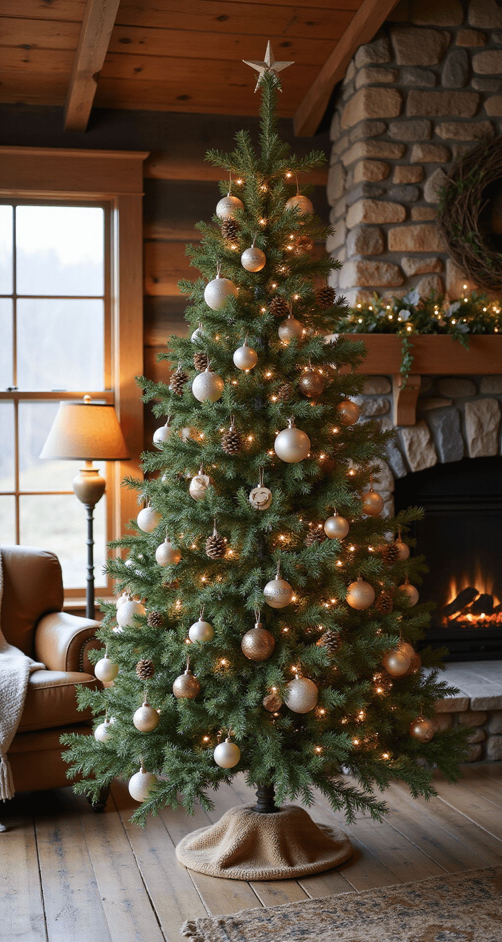 Christmas Tree Decoration Ideas That'll Make Your Tree Actually Look Intentional (Not Like You Threw Ornaments at It) A cozy rustic cabin interior featuring a seven-foot Christmas tree adorned with neutral ornaments and natural accents, warm amber lighting, and a stone fireplace, creating an inviting woodland-inspired holiday scene.