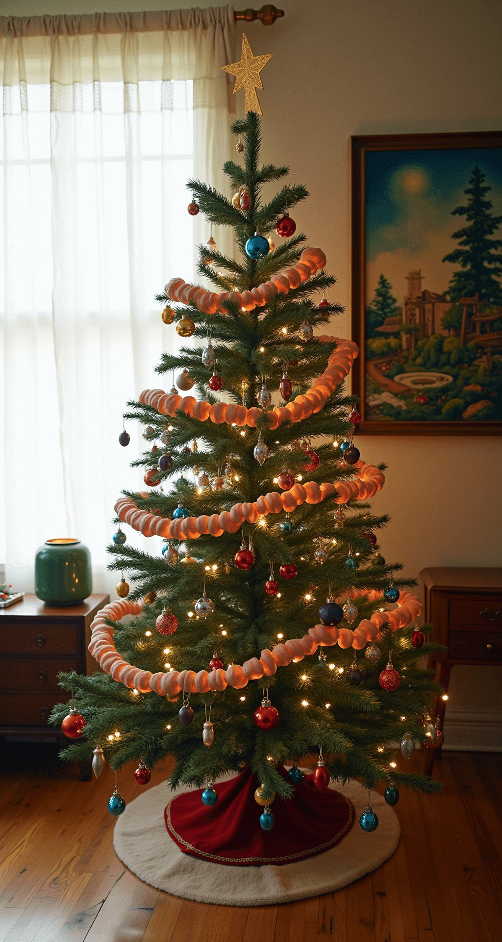 Christmas Tree Decoration Ideas That'll Make Your Tree Actually Look Intentional (Not Like You Threw Ornaments at It) Vintage mid-century modern living room featuring a carefully decorated Christmas tree with jewel-toned glass ornaments, wooden bead garland, and nostalgic bubble lights. Soft morning light filters through sheer curtains, illuminating warm wood floors and a vintage side table nearby, creating an inviting, eclectic holiday scene.