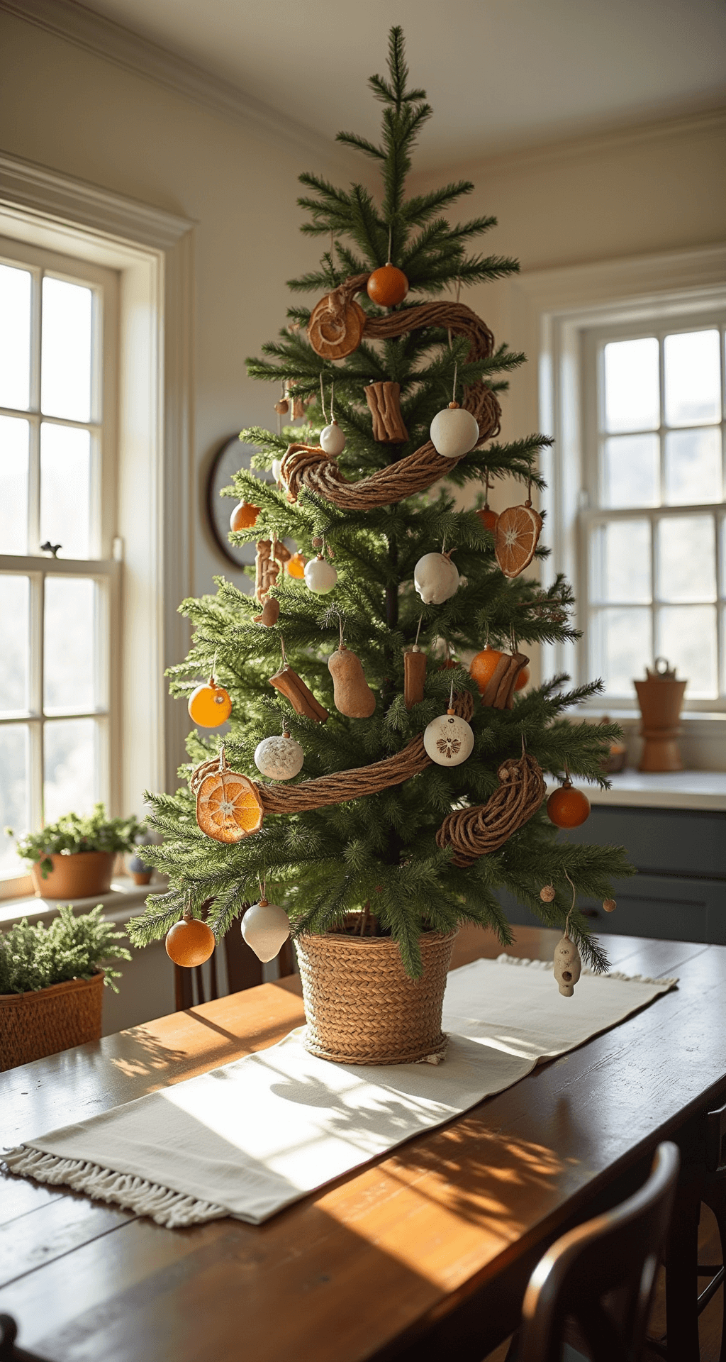 Christmas Tree Decoration Ideas That'll Make Your Tree Actually Look Intentional (Not Like You Threw Ornaments at It) A cozy farmhouse kitchen featuring a DIY rustic Christmas tree adorned with handmade decorations like dried orange slices, cinnamon sticks, and salt dough ornaments. Warm afternoon light fills the space through large windows, highlighting a natural linen runner on a wooden table and a handwoven basket with fresh pine sprigs nearby, creating a warm and authentic holiday atmosphere in soft neutral tones.