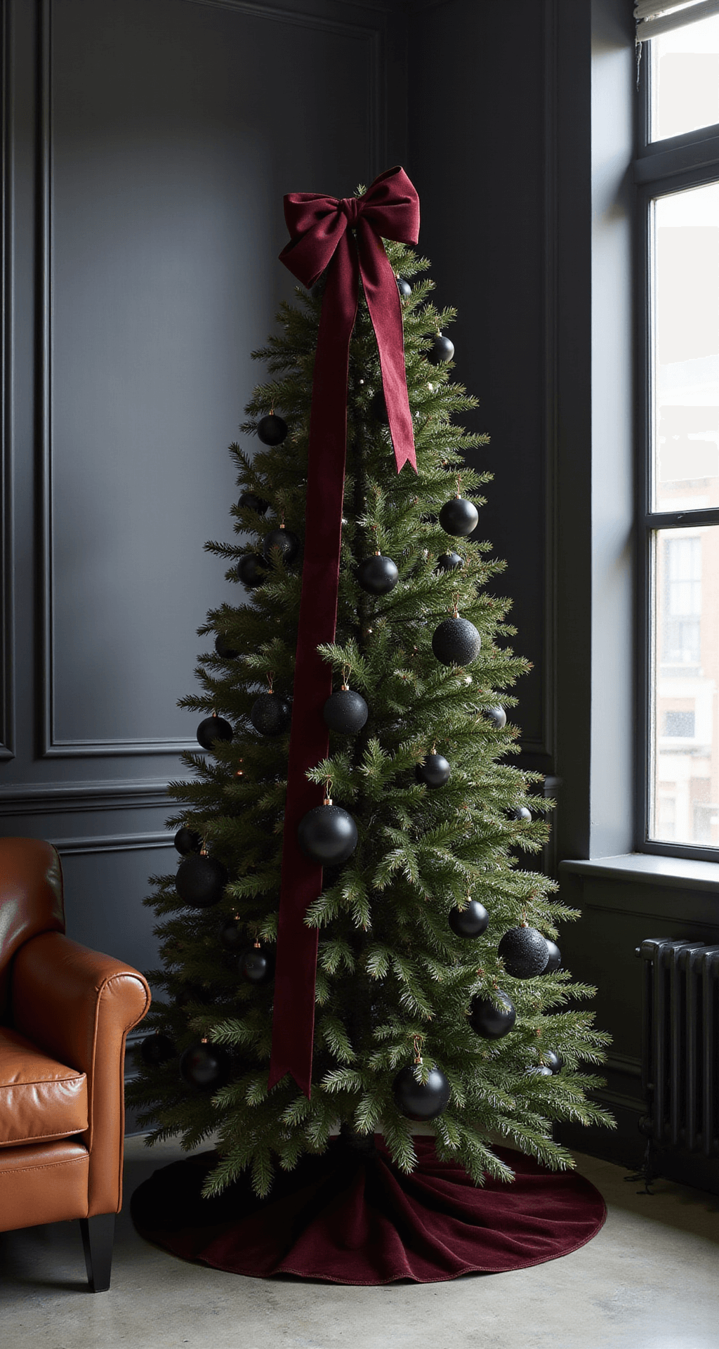 Christmas Tree Decoration Ideas That'll Make Your Tree Actually Look Intentional (Not Like You Threw Ornaments at It) A stylish Christmas tree in a sophisticated urban loft, featuring burgundy velvet and black metallic ornaments against charcoal gray walls, with dramatic lighting casting high-contrast shadows. An oversized silk ribbon tops the tree, surrounded by modern leather furniture and concrete floors reflecting soft light, while feathered ornaments add unique texture.
