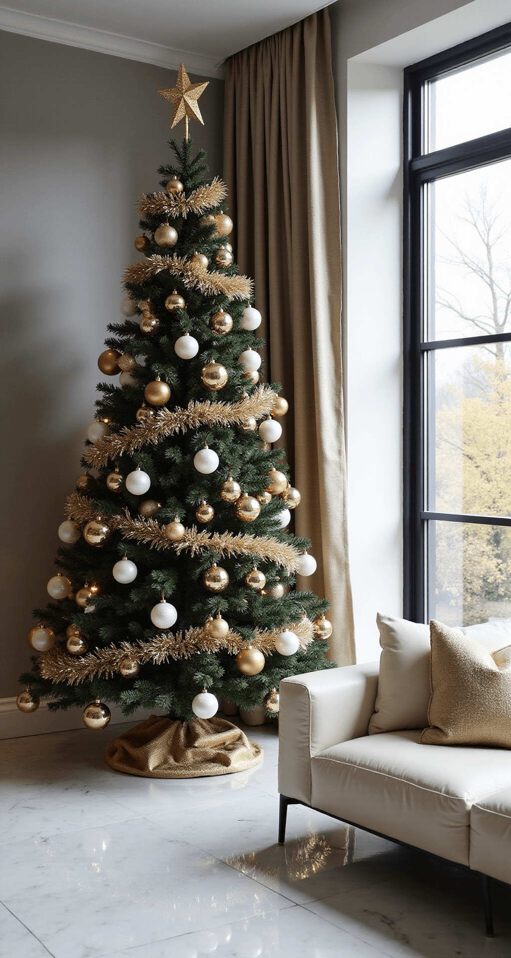 Black and Gold Christmas Tree: Your Step-by-Step Guide to Glamorous Holiday Décor Ultra-luxe living room featuring a 12-foot black and gold Christmas tree by floor-to-ceiling windows, adorned with champagne and gold ornaments and pearl white accents, set on white marble floors reflecting the tree's golden details, complemented by modern minimalist cream leather and black metal furniture, all against a soft gray wall and illuminated by soft morning light.