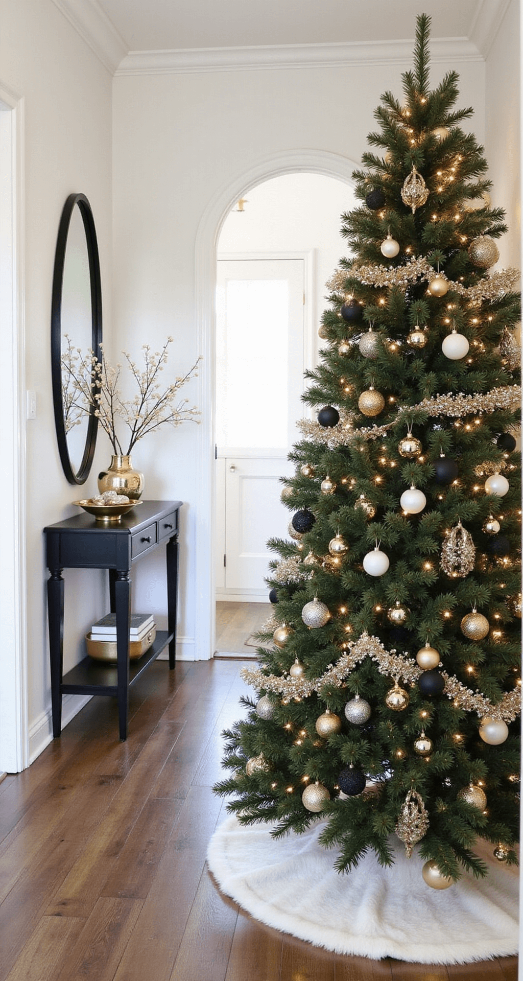 Black and Gold Christmas Tree: Your Step-by-Step Guide to Glamorous Holiday Décor Sophisticated holiday entryway showcasing a black and gold Christmas tree adorned with matte black ornaments and glossy gold finishes, complemented by a white faux fur tree skirt and pearl gold magnolia picks, set against a contemporary black console table, warm lighting casting elegant shadows on clean-lined architecture and crisp white walls.