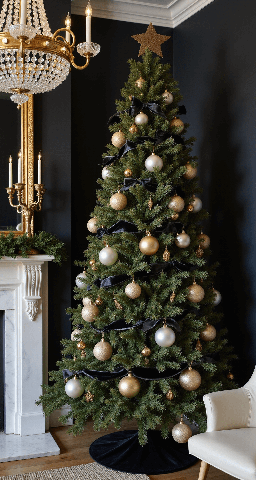 Black and Gold Christmas Tree: Your Step-by-Step Guide to Glamorous Holiday Décor Intimate formal dining room featuring a black and gold Christmas tree in the corner, vintage chandelier casting golden reflections, velvet ribbons draped through branches, mixed gold ornaments, and a white marble fireplace; ambient lighting enhances a warm, sophisticated atmosphere with mid-century modern cream leather chairs.