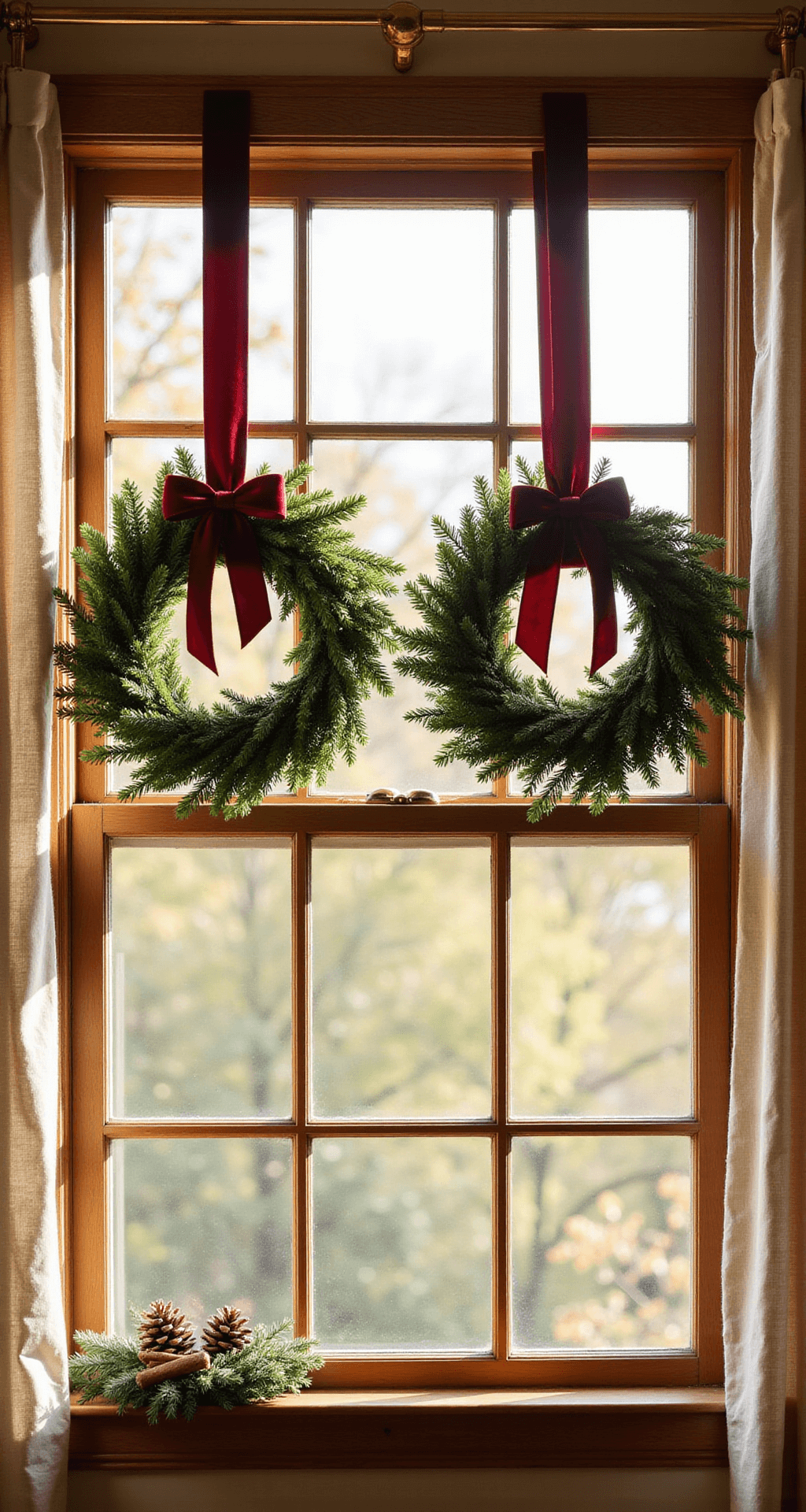 Christmas Window Decor Ideas That'll Make Your Neighbors Stop and Stare Ultra-detailed view of a traditional living room window adorned with matching evergreen wreaths secured by burgundy velvet ribbons, warm golden light filtering through cream linen curtains, with a wooden windowsill featuring a pinecone and cinnamon stick arrangement, all captured in hyper-realistic photographic quality.