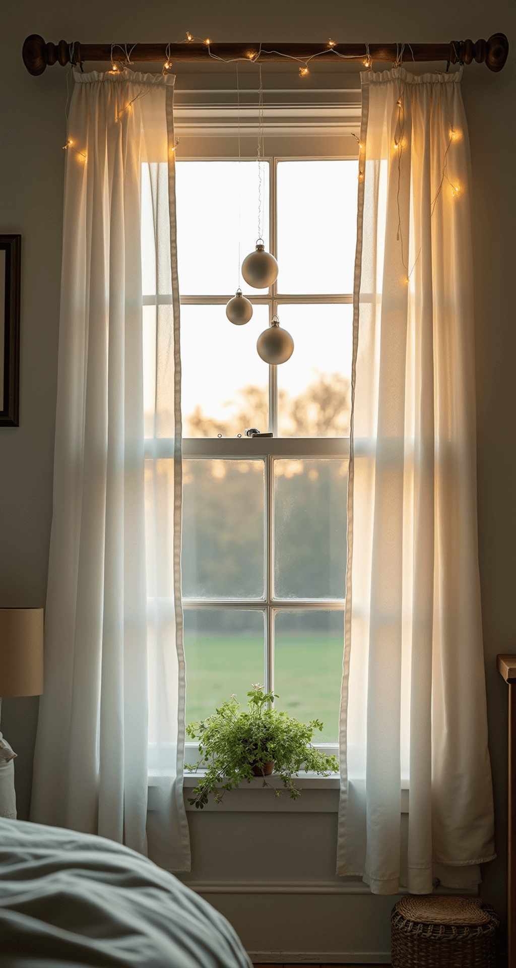 Christmas Window Decor Ideas That'll Make Your Neighbors Stop and Stare A cozy farmhouse-style bedroom window adorned with sheer white curtains and delicate fairy lights, featuring a vintage wooden dowel rod and three large matte white ornaments hanging at varying heights. Soft natural greenery decorates the windowsill, illuminated by warm amber sunrise lighting that casts a gentle glow. Rustic wooden floors peep through, complementing the textural linen bedding in muted sage green tones, all captured in soft focus.