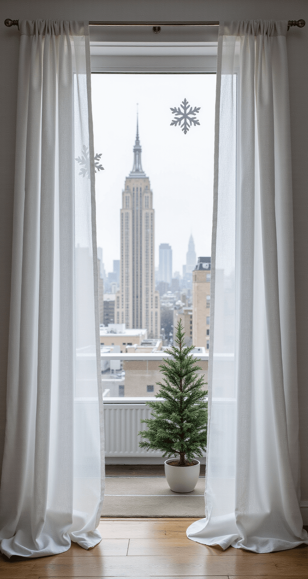 Christmas Window Decor Ideas That'll Make Your Neighbors Stop and Stare A modern apartment entryway window adorned with large geometric paper snowflakes in silver and white, featuring a miniature evergreen tree on a narrow windowsill, sheer white curtains, and a blurred city skyline in the background under crisp winter light.