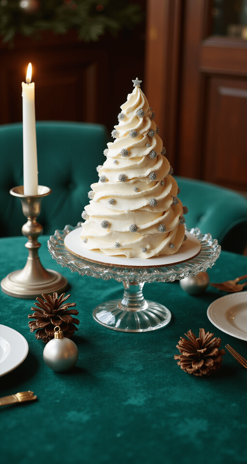 Christmas Tree Cake: The Showstopper That'll Make Everyone Think You Went to Pastry School Elegant dining room featuring a white Christmas tree cake on a crystal stand, surrounded by vintage silver ornaments and pine cones, set against a deep emerald green tablecloth. Warm candlelight highlights the cake's intricate frosting and silver dragée details, with a soft focus background suggesting a festive table setting.