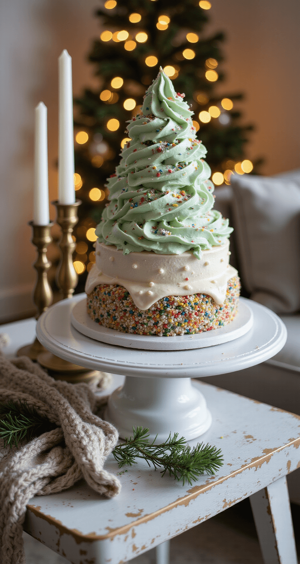 Christmas Tree Cake: The Showstopper That'll Make Everyone Think You Went to Pastry School A cozy living room corner with a Christmas tree cake on a distressed white side table, surrounded by soft bokeh lights, a plush knit throw, and adorned with vintage brass candlesticks and pine branches, all bathed in warm, golden afternoon light.