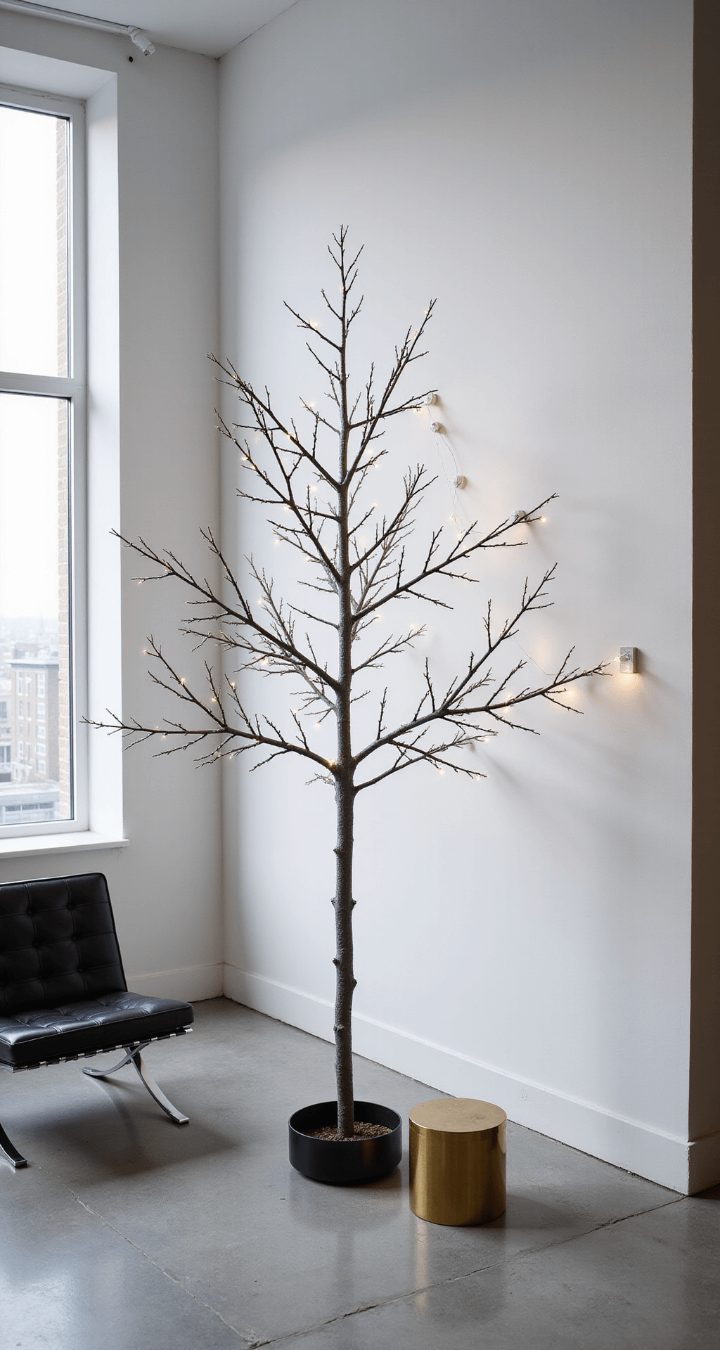 Silver Christmas Trees: Your Guide to Creating Show-Stopping Holiday Magic Minimalist loft space with a graphite-toned silver Christmas tree featuring sparse branches against a white wall, urban skyline visible through floor-to-ceiling windows, a Barcelona chair nearby on concrete flooring, warm white fairy lights woven through the tree, and a brass accent side table, all in a monochromatic gray and white palette with soft diffused lighting.