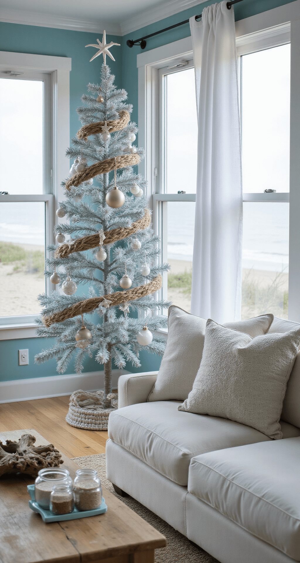 Silver Christmas Trees: Your Guide to Creating Show-Stopping Holiday Magic Coastal-inspired living room featuring pale blue walls and a silver tree adorned with white starfish ornaments, with a natural driftwood coffee table and woven throw pillows, bathed in soft morning light filtering through sheer curtains.