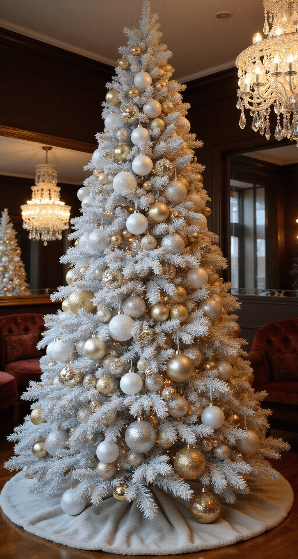 Silver Christmas Trees: Your Guide to Creating Show-Stopping Holiday Magic Glamorous maximalist interior featuring a fully decorated silver Christmas tree with layered gold, white, and silver ornaments, luxurious velvet furniture in deep jewel tones, an oversized mirror reflecting the tree's sparkle, and a crystal chandelier creating a magical bokeh effect around the scene.