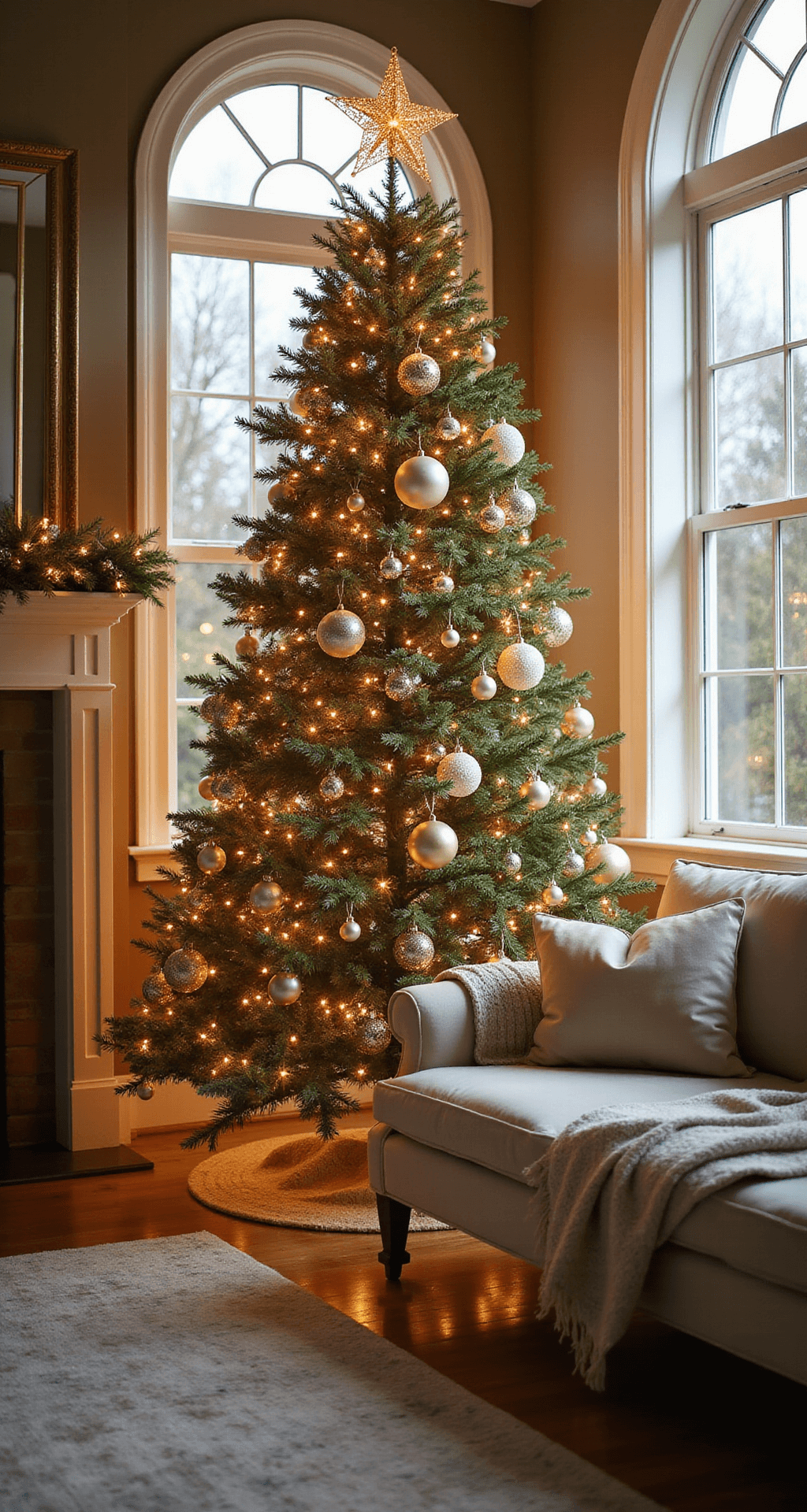 Christmas Tree Toppers: Everything You Need to Crown Your Holiday Masterpiece A luxurious living room at golden hour features a majestic 12-foot Christmas tree adorned with champagne and ivory ornaments, positioned near large bay windows. The warm light highlights a star tree topper made of intricate gold wire with micro-LED lights. In the foreground, a plush ivory velvet sofa with a soft cashmere throw is set against hardwood floors and a subtle Persian rug, creating a cozy atmosphere enhanced by soft bokeh lighting and cinematic depth of field.
