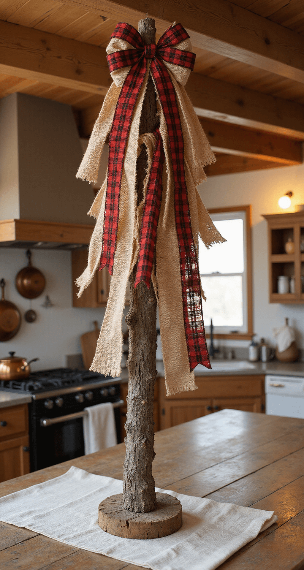 Christmas Tree Toppers: Everything You Need to Crown Your Holiday Masterpiece A rustic farmhouse kitchen featuring a wooden beam ceiling, a 7-foot Christmas tree decorated with burlap and red plaid ribbons, vintage copper pots hanging in the background, weathered wooden countertops, and a cast iron stove, all illuminated by warm amber lighting, creating a cozy atmosphere.