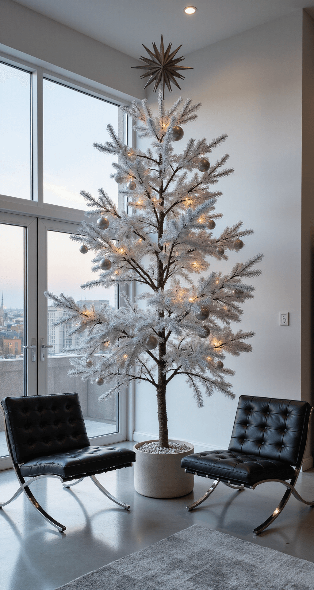Christmas Tree Toppers: Everything You Need to Crown Your Holiday Masterpiece A modern minimalist living space featuring a 9-foot artificial tree with a geometric metallic star topper, sleek black leather Barcelona chairs, concrete flooring, and floor-to-ceiling windows displaying an urban skyline at twilight, enhanced by a monochromatic silver and white ornament collection and subtle architectural lighting.