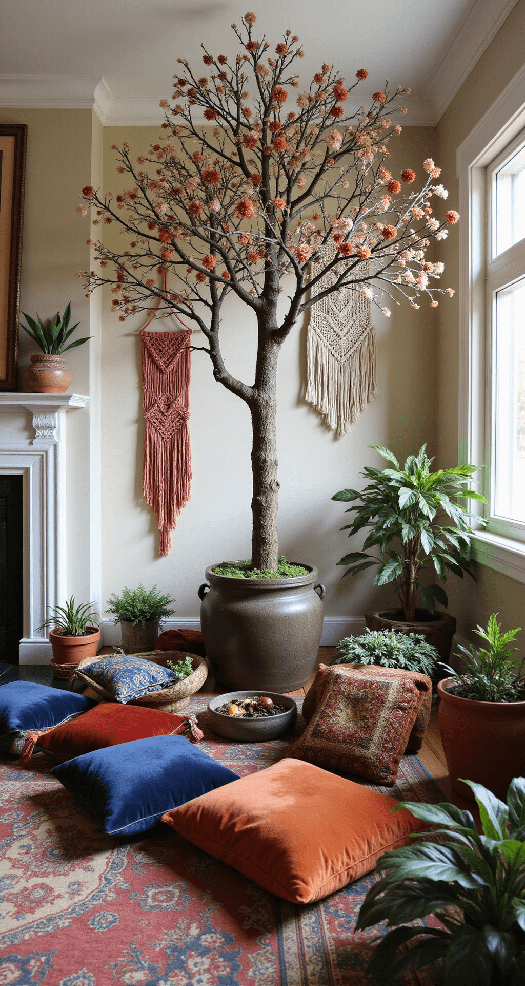 Christmas Tree Toppers: Everything You Need to Crown Your Holiday Masterpiece A Bohemian eclectic family room featuring a 6-foot tree adorned with a handcrafted mixed-media topper made of vintage brooches, pearl strands, and fabric flowers, surrounded by macramé wall hangings, jewel-toned velvet floor cushions, global textile decor, and potted plants in ceramic vessels, all bathed in soft, diffused natural light with a warm terracotta and indigo color palette.