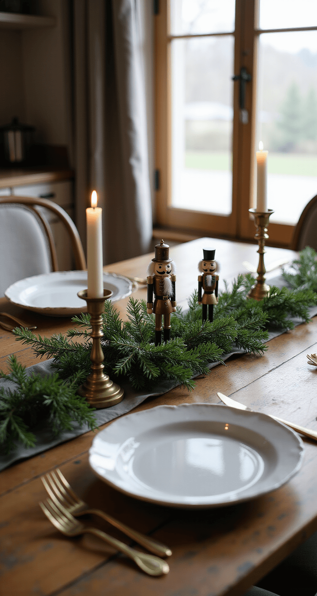 Whimsical Christmas Decor: My Guide to Creating Playful Holiday Magic Intimate kitchen dining scene featuring a rustic wooden table adorned with a greenery runner, playful vintage nutcrackers at one end, and soft candlelight casting warm shadows, complemented by brass and natural wood tones, fresh pine branches between place settings, all illuminated by soft morning light.