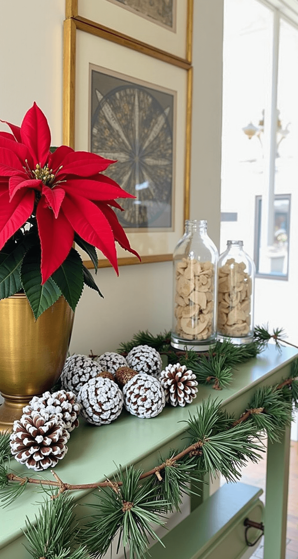 Whimsical Christmas Decor: My Guide to Creating Playful Holiday Magic Whimsical entryway vignette with antique brass planter housing a fresh poinsettia, scattered pinecones dusted with homemade 'snow', clear glass ornaments containing vintage sheet music, and an asymmetrical berry garland draped over a vintage console table, blending pastel and traditional Christmas colors, illuminated by soft morning light.
