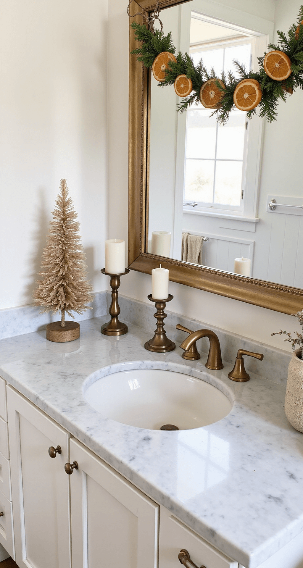 Whimsical Christmas Decor: My Guide to Creating Playful Holiday Magic A beautifully styled bathroom featuring a small vintage feather tree on a marble countertop, a garland of dried orange slices casually draped across the mirror, mismatched brass candle holders with pillar candles, and subtle greenery clippings tucked into various spaces, all bathed in soft natural light for a playful and unconventional holiday atmosphere.