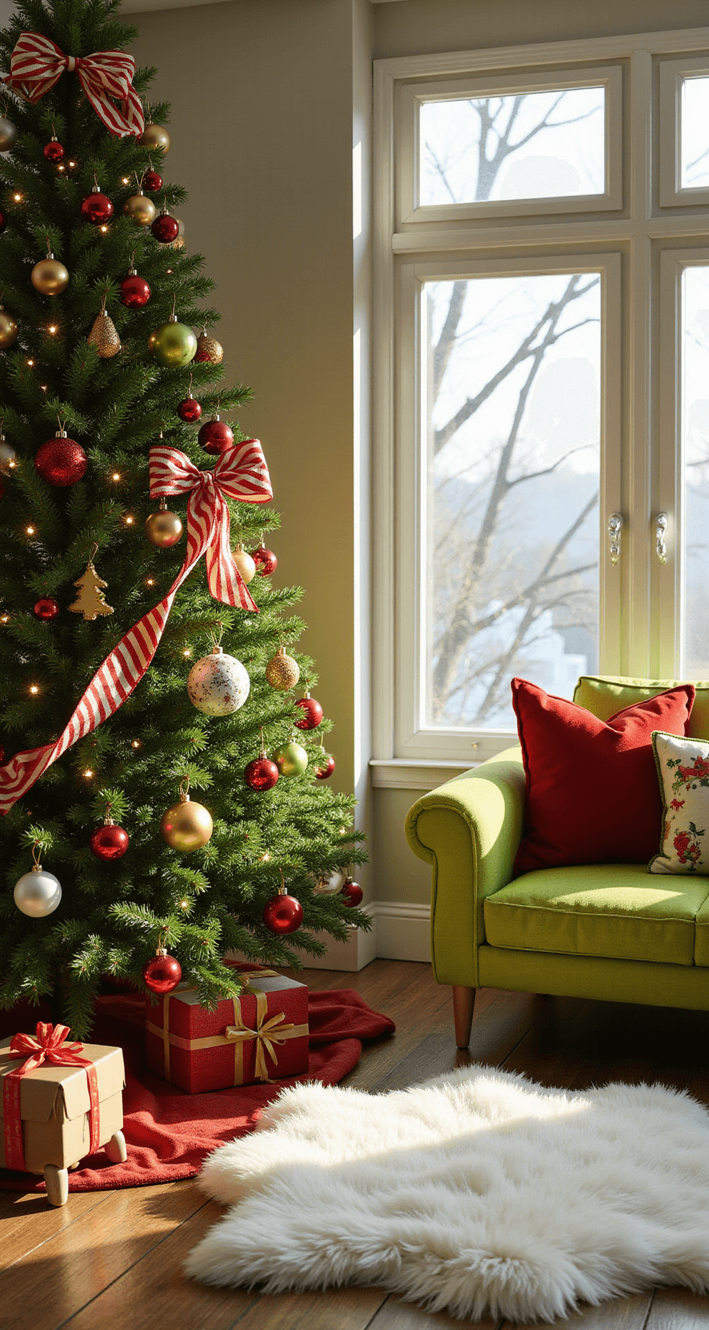 How to Create a Show-Stopping Grinch Christmas Tree That'll Make Your Heart Grow Three Sizes A Grinch-themed living room featuring a photorealistic Christmas tree adorned with whimsical ornaments and an oversized striped ribbon, warm white LED lights casting a soft glow, a plush white fur rug, and modern minimalist furniture, all illuminated by morning sunlight streaming through large windows, complemented by Grinch-inspired throw pillows and vintage Whoville decor.