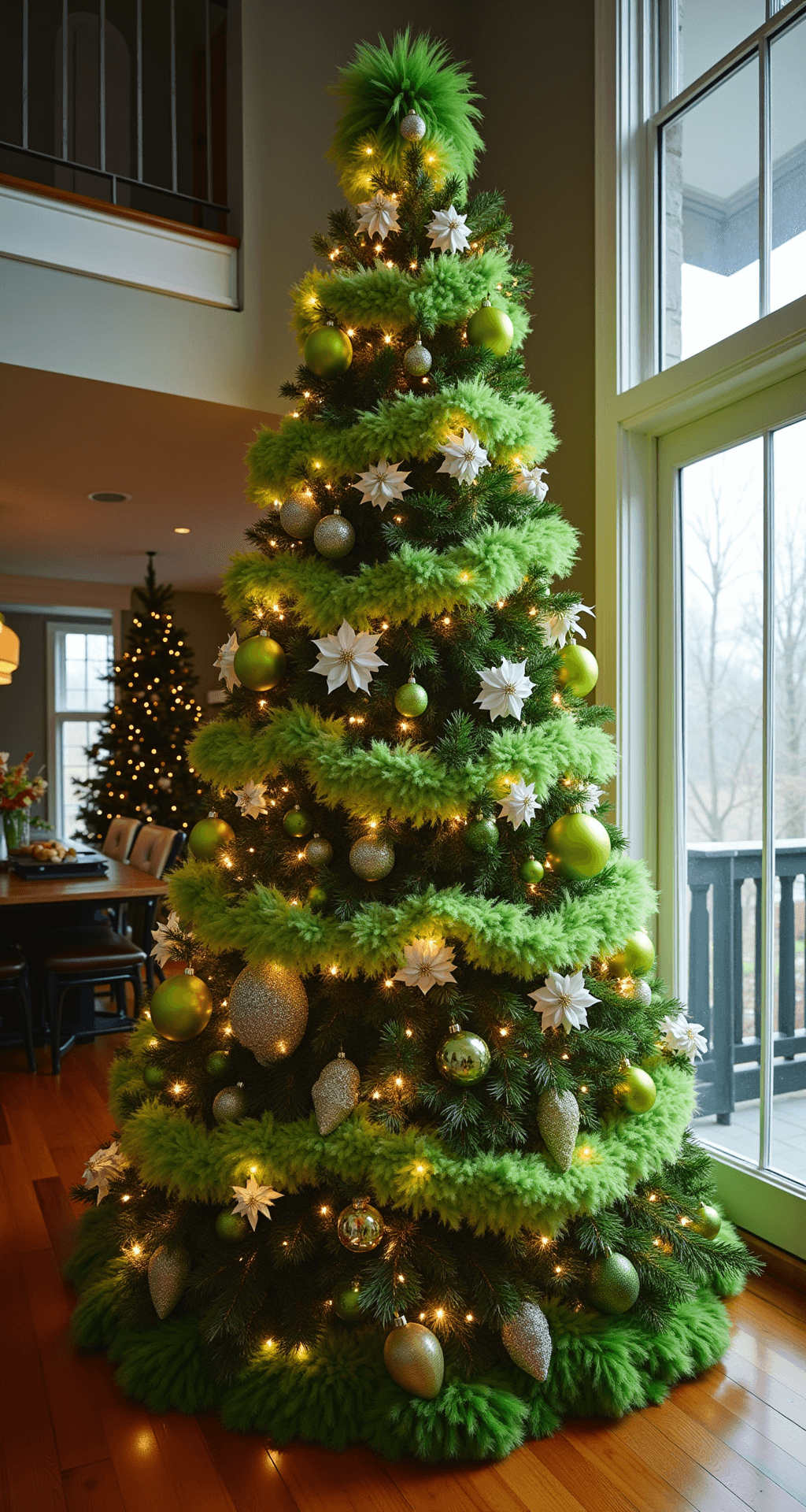 How to Create a Show-Stopping Grinch Christmas Tree That'll Make Your Heart Grow Three Sizes Cinematic overhead view of a meticulously styled Grinch Christmas tree, featuring intricate ribbon placement in a spiral technique, precise zigzag ornament distribution with a mix of matte and glittery lime green baubles, white poinsettia picks, and furry tree picks, all illuminated by warm ambient lighting in a contemporary room with high ceilings and hardwood floors reflecting soft tree lights.