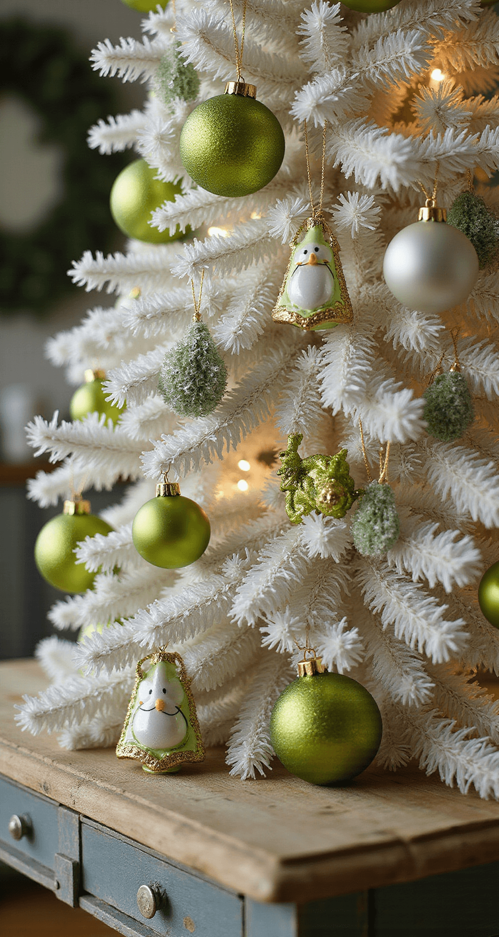 How to Create a Show-Stopping Grinch Christmas Tree That'll Make Your Heart Grow Three Sizes Intimate close-up of a Grinch-themed Christmas tree, featuring textured ornaments and character decorations in white and lime green, with soft focus creating a dreamy atmosphere; a natural wood console table adorned with Whoville-inspired decor, delicate ribbon swoops, and professional lighting highlighting the dimensional qualities of the tree.
