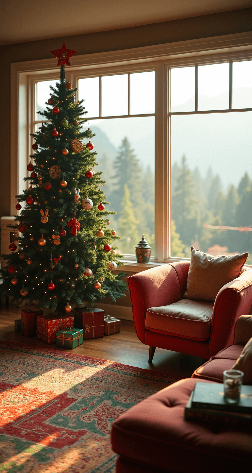 How to Create a Show-Stopping Grinch Christmas Tree That'll Make Your Heart Grow Three Sizes A whimsical Grinch-themed Christmas tree adorned with character ornaments stands in a stylish living room, surrounded by mid-century modern furniture. Floor-to-ceiling windows offer a panoramic view of a mountain landscape bathed in the soft golden light of morning, enhancing the room's curated, intentional aesthetic.