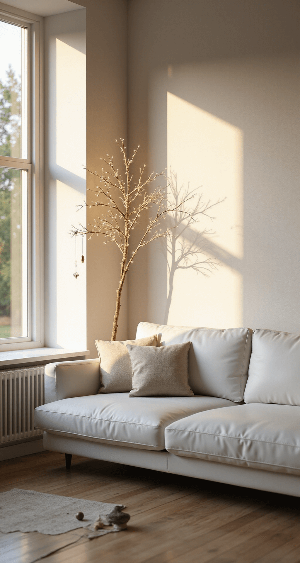 Alternative Christmas Trees: 45+ Creative Ideas That'll Make You Ditch the Traditional Fir Ultra-detailed photorealistic interior scene of a minimalist Scandinavian living room featuring a geometric wooden dowel Christmas tree with warm white fairy lights, a sleek white leather sectional sofa, and large floor-to-ceiling windows illuminated by golden afternoon light.