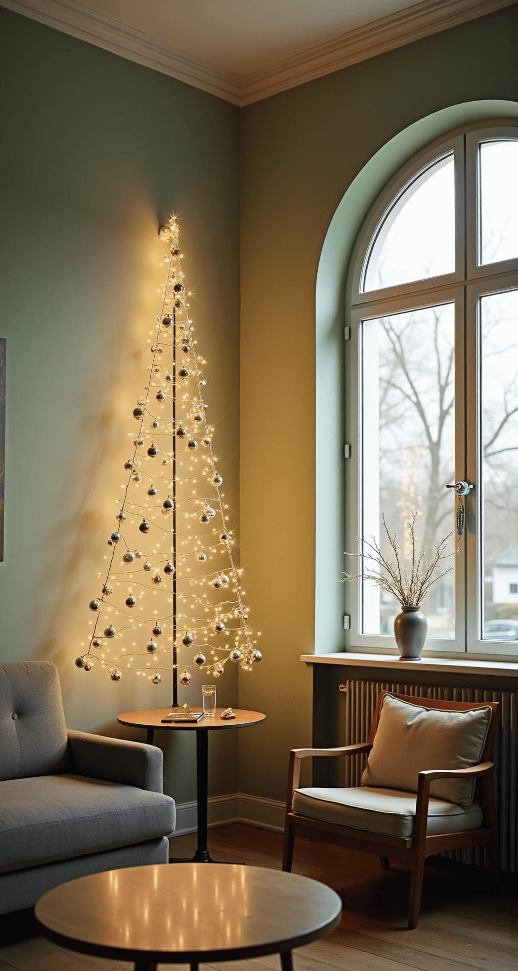 Alternative Christmas Trees: 45+ Creative Ideas That'll Make You Ditch the Traditional Fir Intimate apartment interior with a wall-mounted Christmas tree made of twinkling fairy lights in a triangular shape against a sage green wall, featuring metallic and glass ornaments, large arched window casting soft winter light, and mid-century modern furniture in warm wood tones.