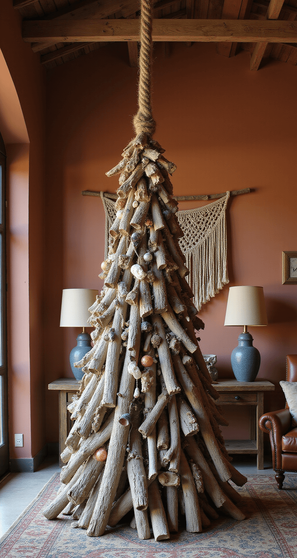 Alternative Christmas Trees: 45+ Creative Ideas That'll Make You Ditch the Traditional Fir Rustic bohemian living room with a vertical Christmas tree made of driftwood, adorned with coastal ornaments, set against warm terracotta walls, featuring a vintage leather armchair and macrame wall hanging, illuminated by soft, ambient lighting.