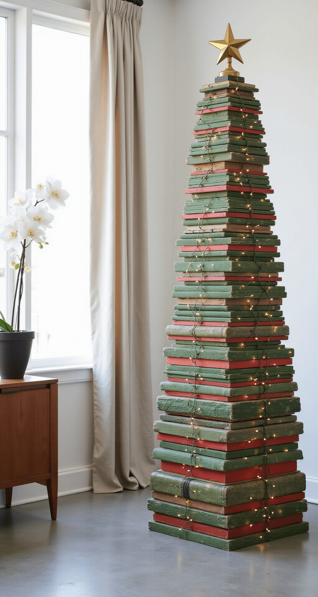 Alternative Christmas Trees: 45+ Creative Ideas That'll Make You Ditch the Traditional Fir Elegant entryway featuring a pyramid-shaped Christmas tree made from green and red-spined books, adorned with warm white string lights and topped with a vintage brass star, against a backdrop of polished concrete floors and white plaster walls, with a mid-century modern console table and an orchid.