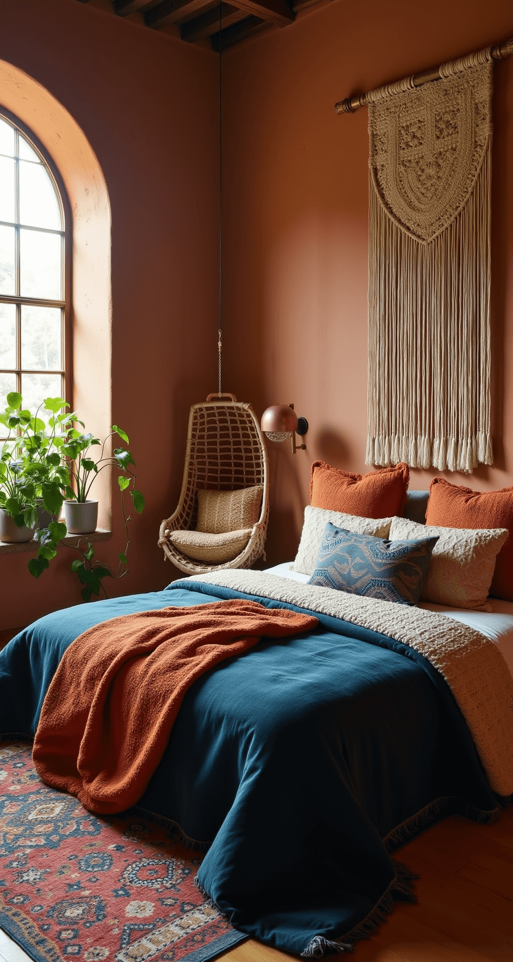 You Haven't Provided the Article Outline Bohemian-inspired bedroom featuring a king-sized bed with indigo blue and burnt orange macramé headboard, layered textured throws, vintage Moroccan rug, rattan hanging chair, trailing pothos plants, and brass mid-century bedside tables, all bathed in warm golden hour light.